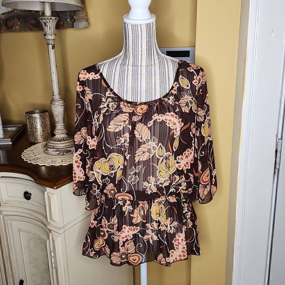 Casual Land brown floral tunic sheer blouse boho top blouse women's M Fall Vibes